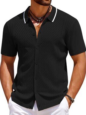 Men’s Black Knit Short Sleeve Button Down Vintage Polo Summer Shirt